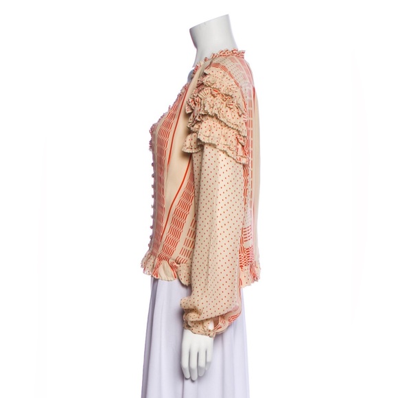 Nicholas cream and red striped ruffle silk button-down blouse - Picture 2 of 10